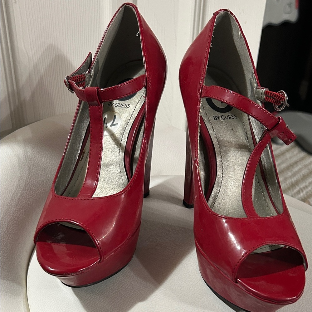 G by Guess Red Patent Peep Toe Heels